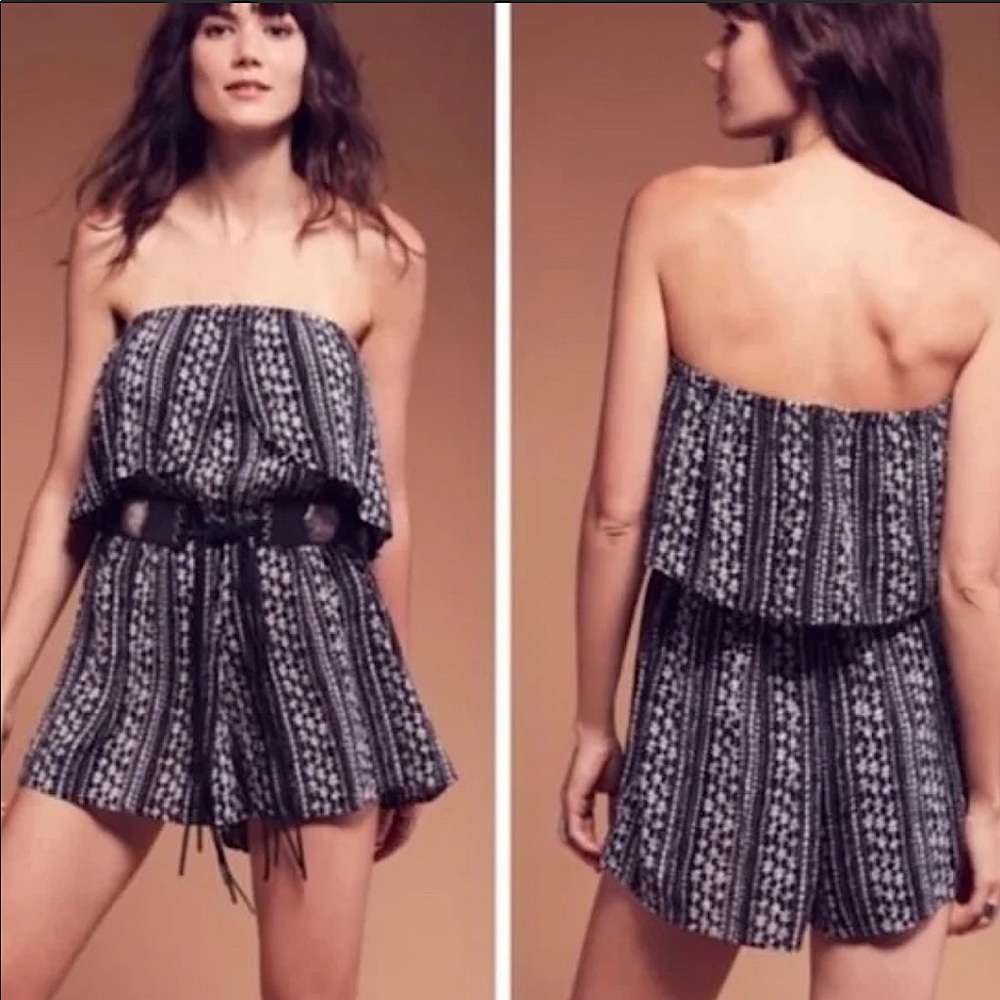 Free People Boho Strapless Black and White Print Romper